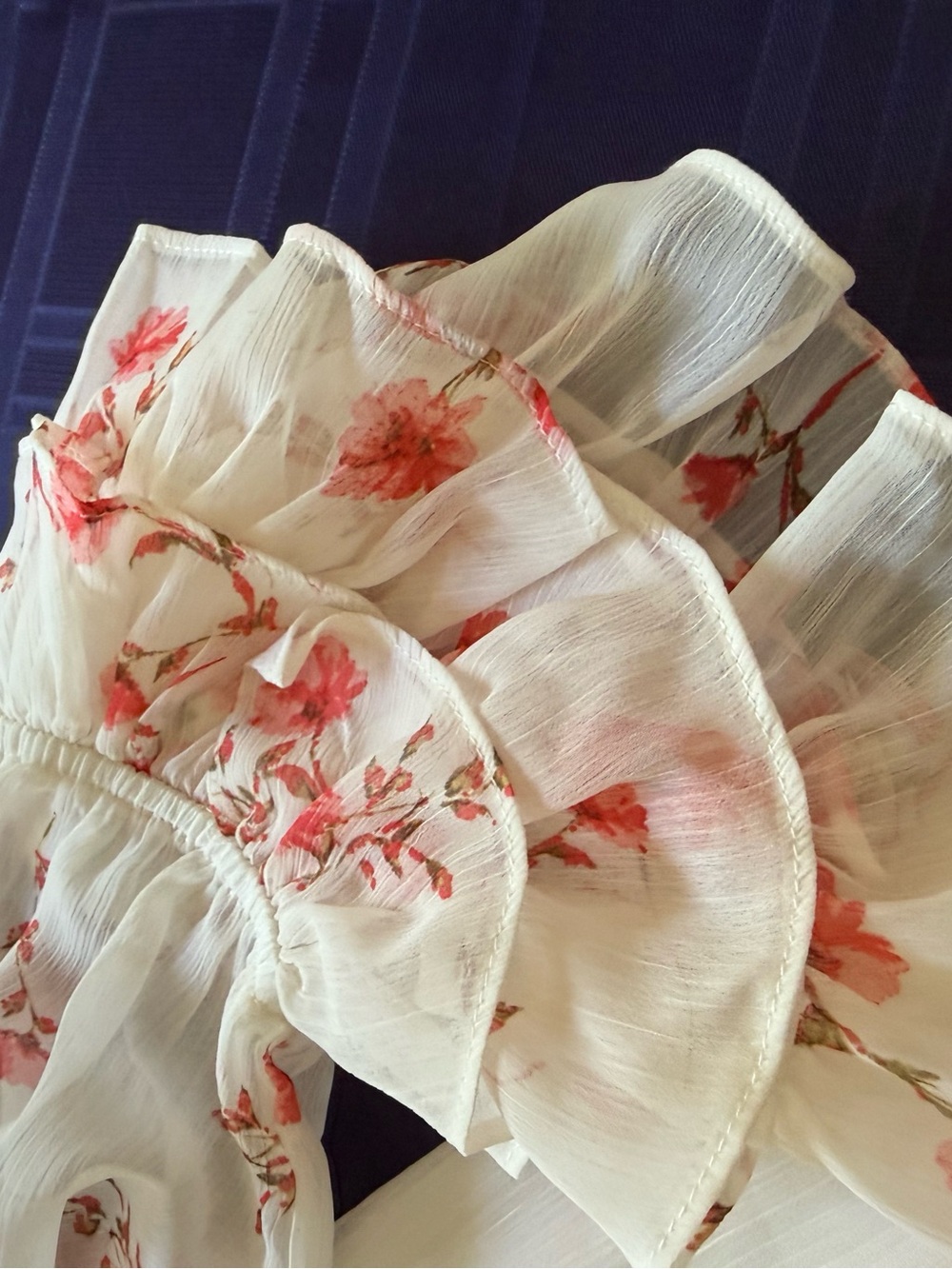 CeCe White Blouse with Coral Floral Print and Ruffle Smocked Neckline - Picture 6 of 8